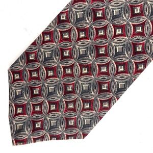ADOLFO COUTURE Mens Silk Geometric Pattern Necktie Burgundy Grey Tan
